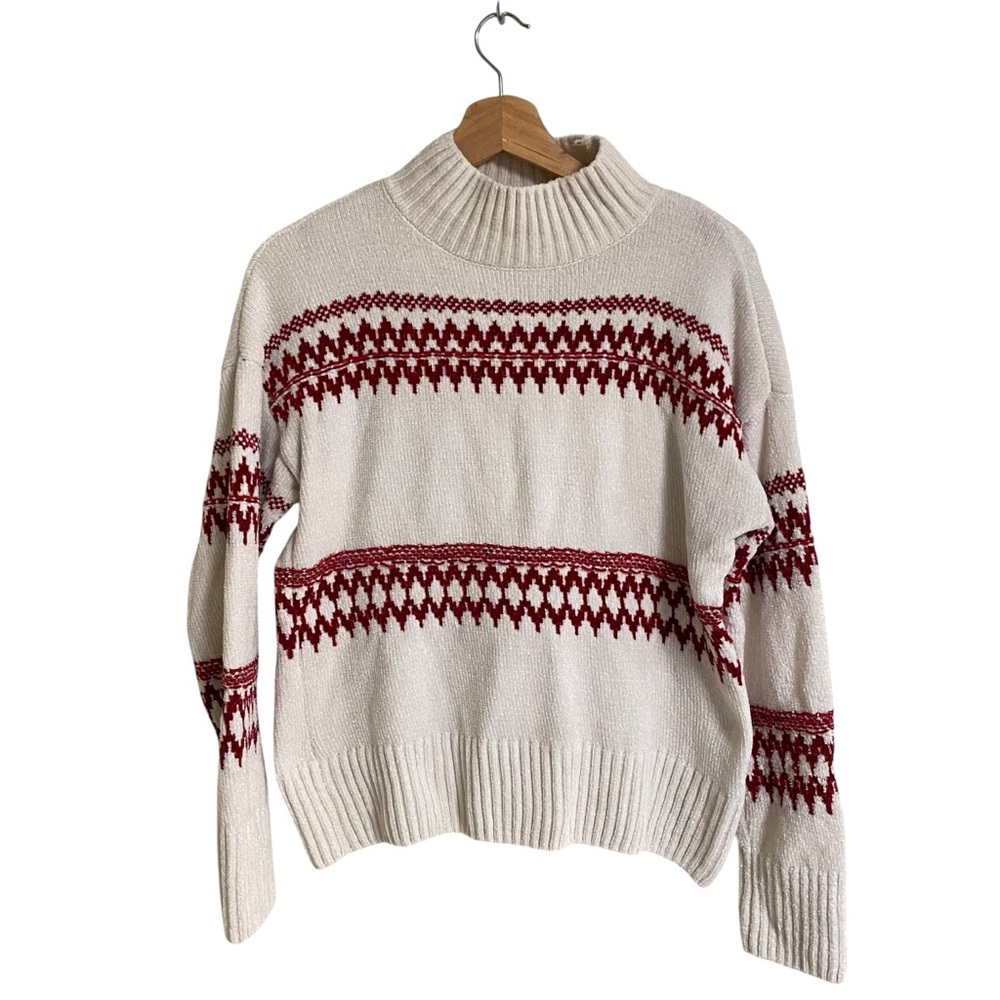 Christian Siriano cream & red pattern mock neck cozy holiday winter sweater S